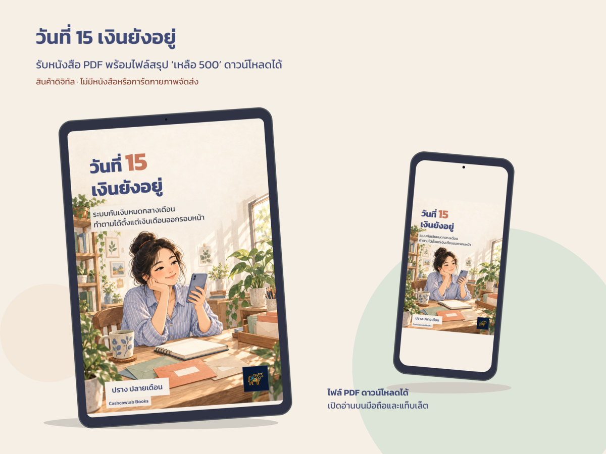 ปกหนังสือ วันที่ 15 เงินยังอยู่ บนจอแท็บเล็ตและมือถือ — ไฟล์ PDF ดาวน์โหลด